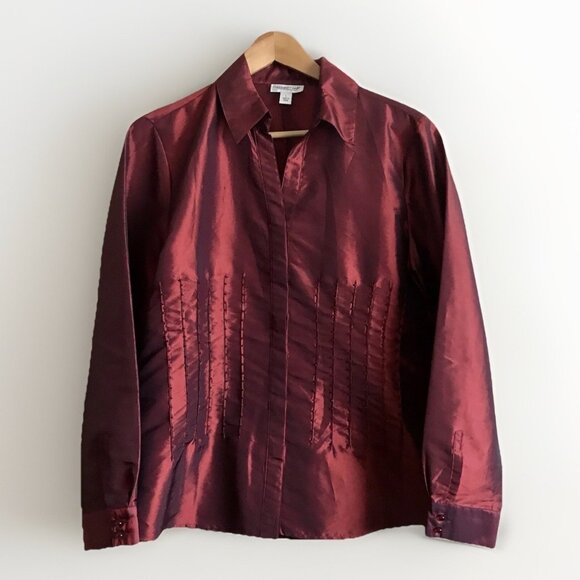 Coldwater Creek Satin‎ Burgundy Beaded Long Sleeve Button Down Top Size Large - Picture 1 of 8
